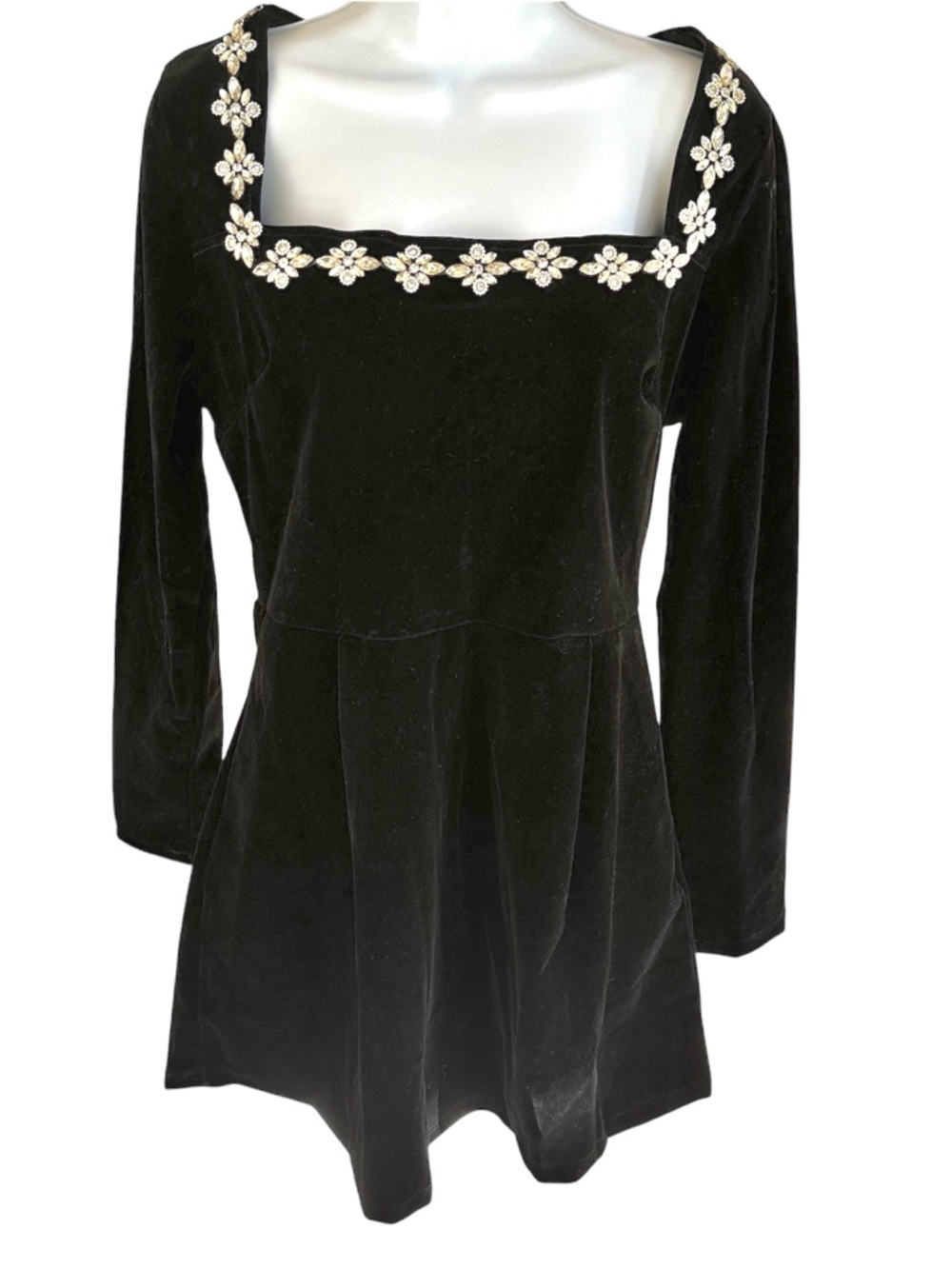 Black Velvet Square Neck Dress with Crystal Flower Trim